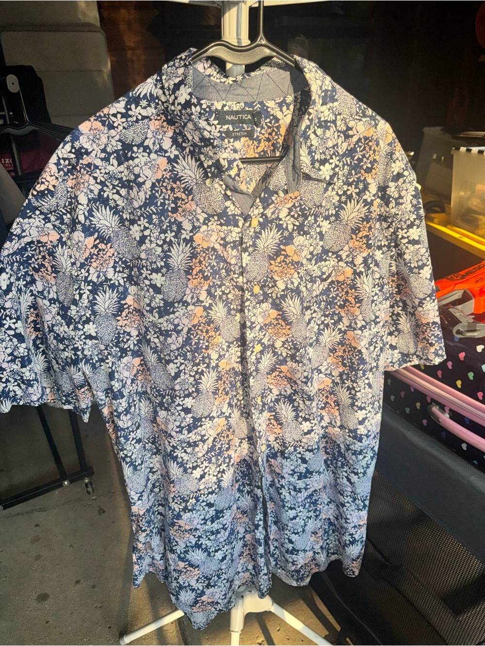 Nautica Navy Floral Short-Sleeve Button-Down Shirt with Peach Accents